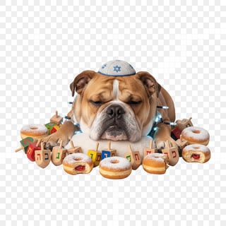 Sleepy Bulldog with Dreidels and Donuts