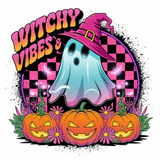 Retro Neon Ghost with Witch Hat