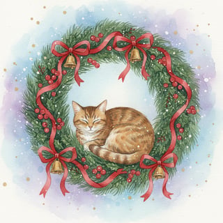 Watercolor Tabby Cat in Christmas Wreath