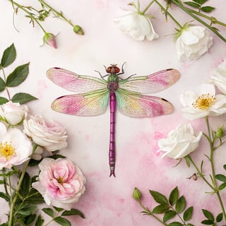 Watercolor Illustration of Dragonfly and Flowers