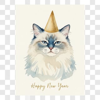 Watercolor Ragdoll Cat New Year Art