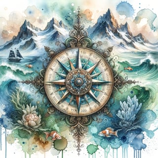 Watercolor Compass with Mountain and Fish