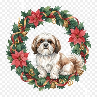 Watercolor Shih Tzu in Christmas Wreath