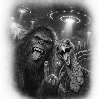 Greyscale Bigfoot & Turkey UFO Invasion
