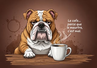 Grumpy Bulldog with Coffee Mug