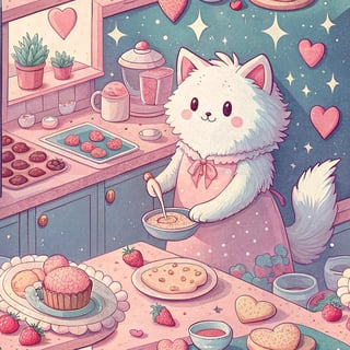 Fluffy Cat Baking in Pastel Kitchen