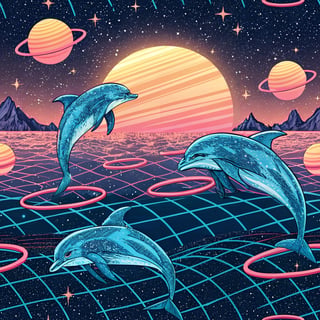 Electric-Blue Dolphins in Synthwave Ocean