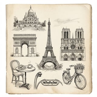 Vintage Paris Landmarks Ink Sketch