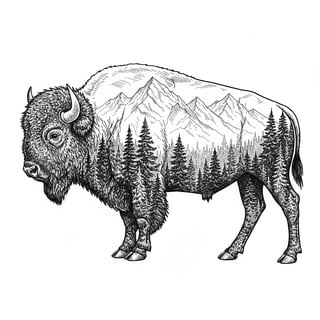 Black and White Bison Nature Illustration