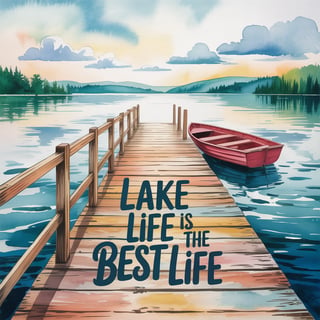 Watercolor Lakeside Landscape with Dock