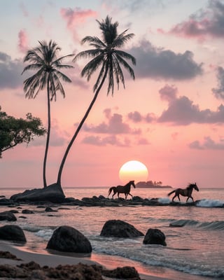Tropical Sunset with Silhouetted Horses
