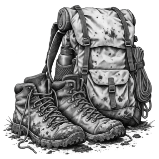Vintage hiking boots & backpack
