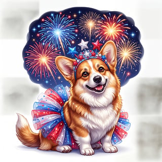 Corgi in Tutu with Fireworks