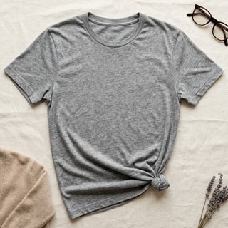 Photorealistic Grey Crew Neck T-Shirt Flat Lay