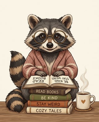 Whimsical Bookish Raccoon Illustration
