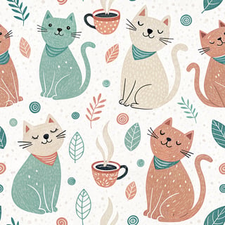 Playful Cats with Coffee Mugs Pattern
