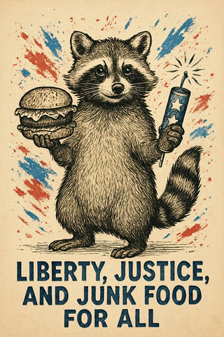 Vintage Raccoon with Burger and Firecracker