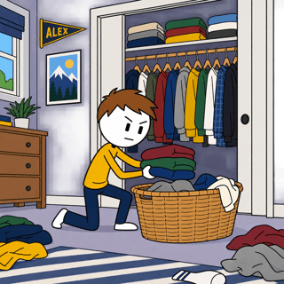 Flat 2D Cartoon Character Doing Laundry