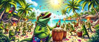 Tropical Beach Party with Cartoon Iguanas