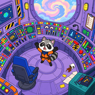 Flat 2D Raccoon at Colorful Control Panel