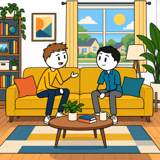 Flat 2D Conversation on Mustard Sofa