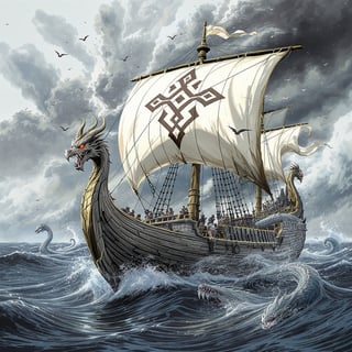 Fantasy Viking Longship in Stormy Sea