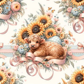 Baby Highland Cows with Sunflower Pattern