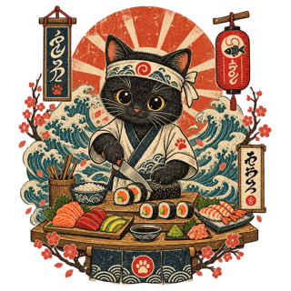 Vintage Japanese Cat Sushi Chef