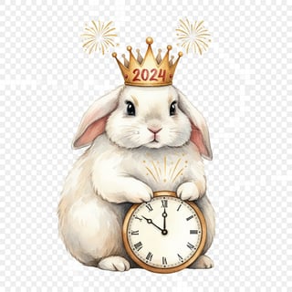 Watercolor Rabbit with New Year Clock