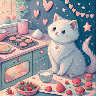 Fluffy Cat Baking in Pastel Kitchen