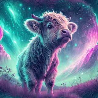 Cute Highland Calf with Neon Aurora