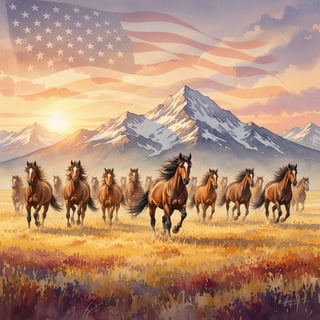 Watercolor Horses in Mountain Meadow