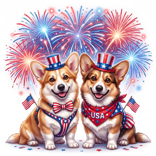Patriotic Corgi Pair with Fireworks