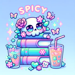 Neon Kawaii Books and Cute Skull Art