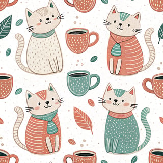 Playful Cats with Coffee Mugs Pattern