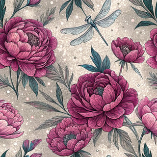 Hand-drawn Peonies and Dragonflies Pattern