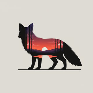 Black Fox Silhouette with Twilight Landscape