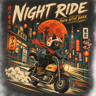 Retro Tokyo Night Ride Cat Illustration