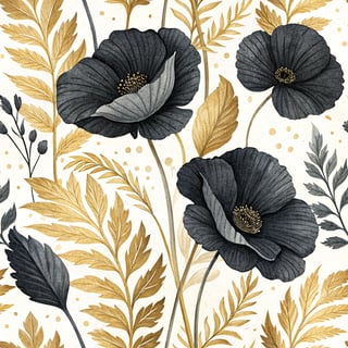 Bold Black Poppies with Golden Leaves