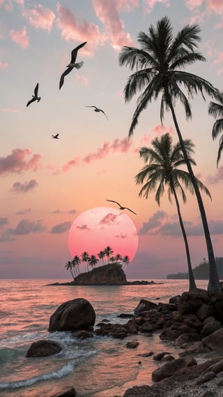 Tropical Sunset Painting with Palm Trees