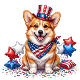 Patriotic Corgi Wearing Bandana and Hat
