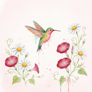 Watercolor Hummingbird with Flowers