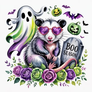 Cute Opossum Watercolor with Halloween Theme