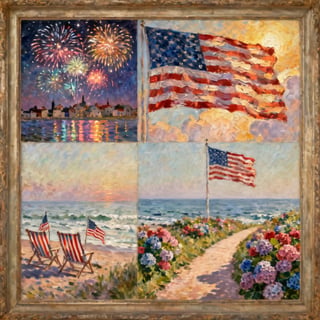American Flag and Coastal Oil Paintings