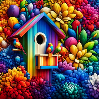 Colorful Birdhouse with Birds