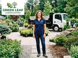 Friendly Landscaping Owner Posing with Logo