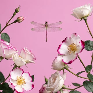 Photorealistic Dragonfly and Roses Art
