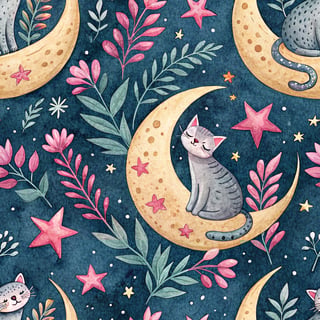 Whimsical Cats with Moon and Stars