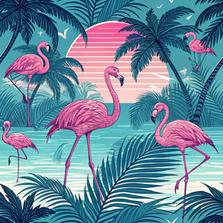 Neon Pink Flamingos Vaporwave Pattern
