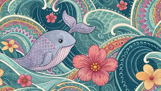 Vibrant Baby Whale with Mandala Waves